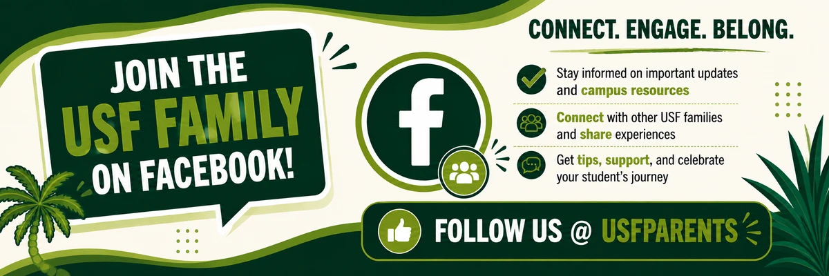 Green banner invites families to join USF on Facebook for tips and support.