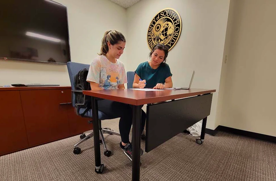 Two people sit at a desk