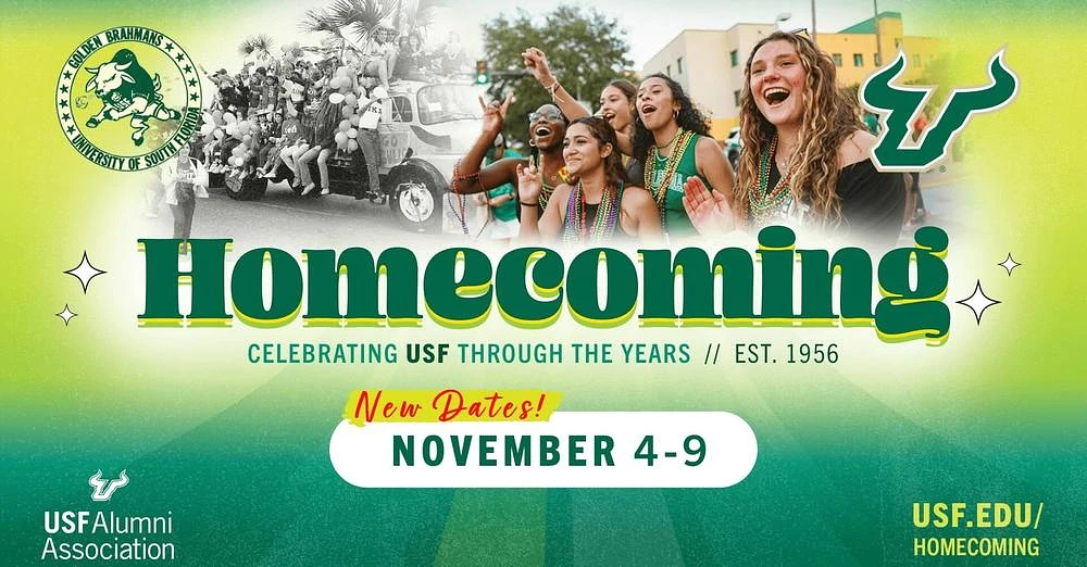 The image promotes the University of South Florida's Homecoming celebration from November 4-9, featuring excited students and parade imagery.