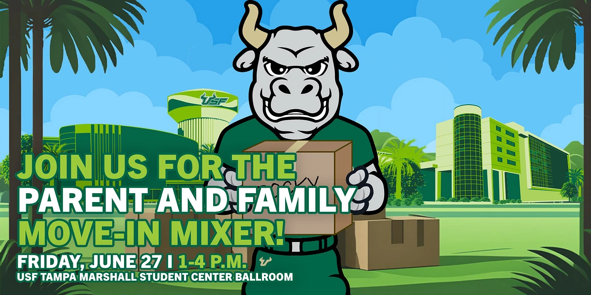 A cartoon bull character invites parents and families to a move-in mixer event on Friday, June 27, at the USF Tampa Marshall Student Center Ballroom.