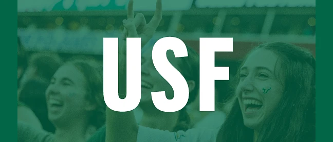 The image shows students enthusiastically cheering at a University of South Florida event, with "USF" prominently displayed in bold letters.