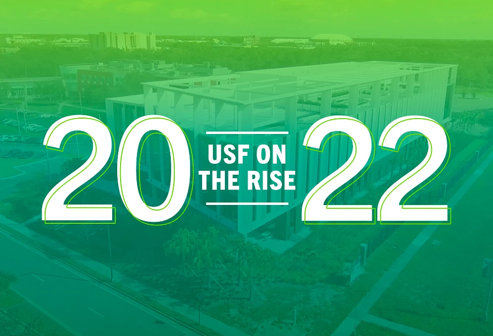 "USF on the rise" is written in white on a green background